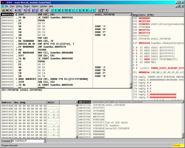 First thing we will do it load the gamemon.des into Olly Debugger…